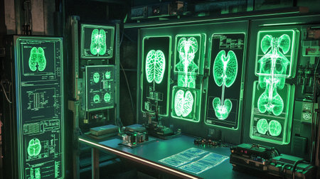 Neon human organs in a laboratory. 3D Rendering.の写真素材