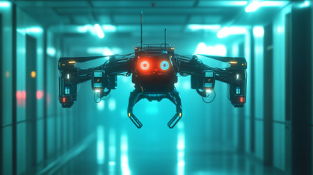3D rendering of a robot flying in a corridor with neon lightsの素材