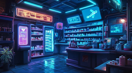 Coffee shop interior with neon lights.の写真素材