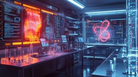 3d rendering of science fiction laboratory interior with a lot of scientific equipment.の写真素材