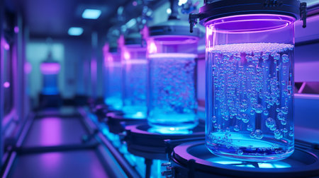 Laboratory glassware with blue and pink light. 3d renderingの写真素材