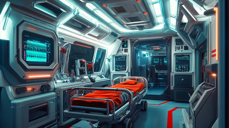 Spaceship interior with emergency room and medical equipment. 3d renderingの写真素材