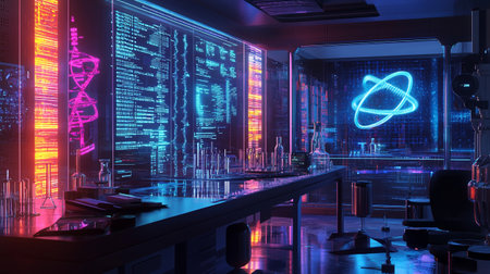 3d rendering of science and technology concept. Futuristic scientific laboratory with a lot of chemical elements.の写真素材
