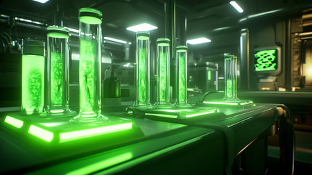 3d render of laboratory flasks with green light in the labの写真素材