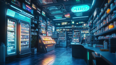 Modern drugstore interior with shelves and neon lights. 3d renderingの写真素材