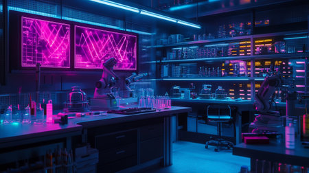 Science laboratory interior with microscope and test tubes. 3D Renderingの写真素材