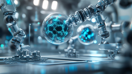 3d rendering robotic arm with crystal ball on blue background, future technology conceptの写真素材