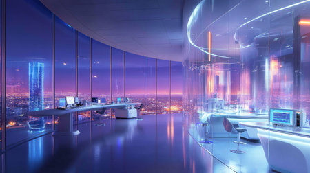 modern office interior with glass wall and city view, 3d renderingの写真素材