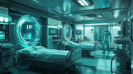 Interior of a modern hospital room with equipment and space for textの写真素材