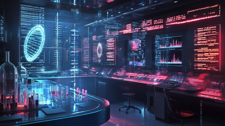 3d rendering of science fiction cyberpunk futuristic interior with glowing lightsの写真素材