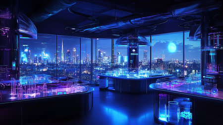 Interior of modern night club with night city view, 3D renderingの写真素材