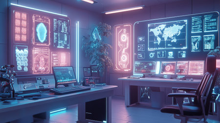 3D rendering of a cyberpunk room with computers, monitors and screensの写真素材