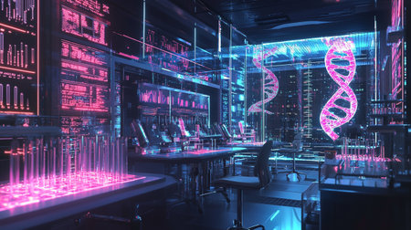 3d rendering of scientific laboratory with dna molecule and test tubesの写真素材