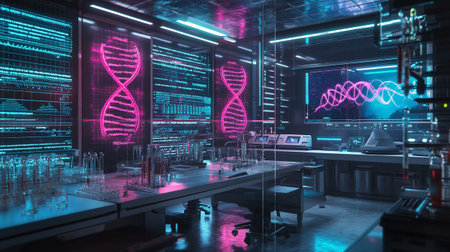 3d rendering of scientific laboratory with dna molecule and test tubesの写真素材
