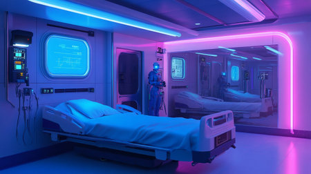 Interior of a modern hospital room. 3D rendering. Neon lights.の写真素材