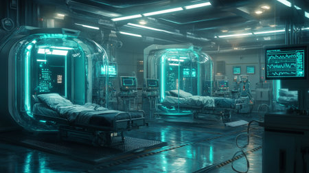3D rendering of a hospital room with medical equipment and patient bedの写真素材