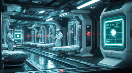 3D rendering of a medical team working in a futuristic space stationの写真素材