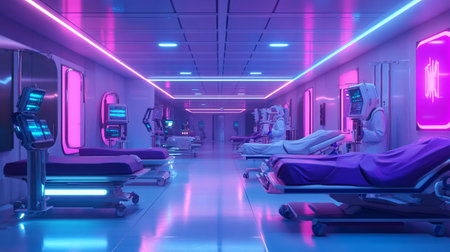 3d rendering of a medical room in a hospital with neon lightsの写真素材