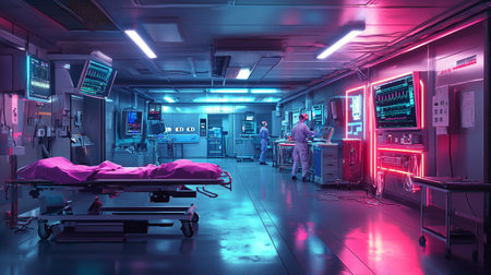 Interior of a modern operating room with equipment and medical devices.の写真素材