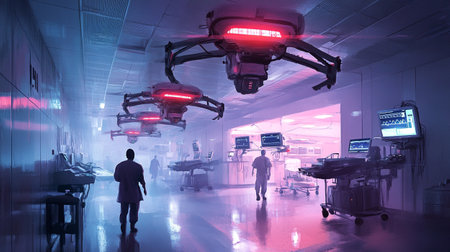 Futuristic unmanned aerial vehicle (UAV) in a laboratory.の写真素材