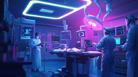 Team of surgeons in operating room with surgery equipment. 3D renderingの写真素材