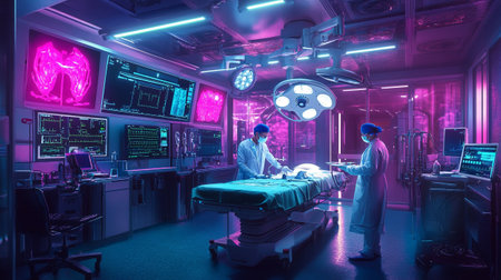 two surgeons in operating room with art lighting and blue filterの写真素材