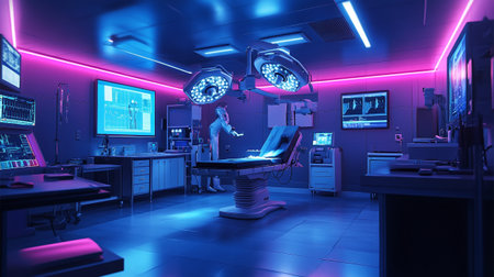 Operating room with surgery equipment. 3D rendering. Neon lights.の写真素材