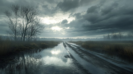 Panoramic view of a wet road through a foggy field at sunriseの写真素材