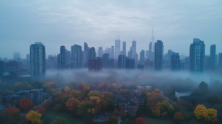 Aerial view of a foggy cityscape in the autumn.の写真素材