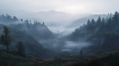 Foggy morning in the Carpathian mountains, Ukraine.の写真素材