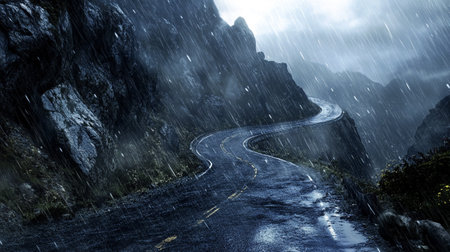 Winding road in the mountains with heavy rain. 3d renderingの写真素材