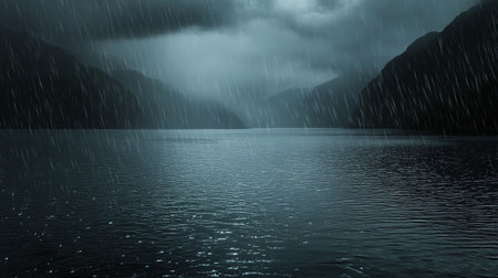 Rain in the mountains and the lake, 3d render illustration.の写真素材