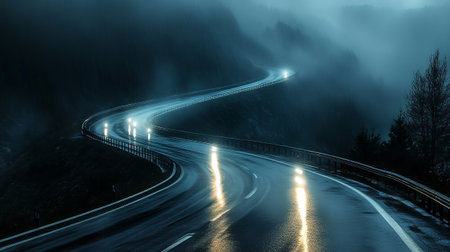 Car lights on the road in the mountains at night. Long exposureの写真素材