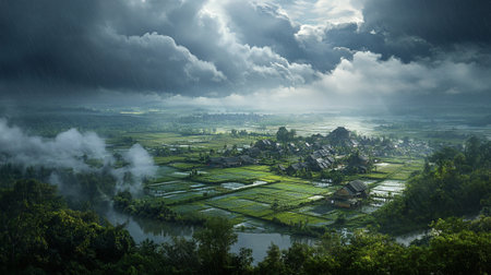 Beautiful landscape of rice fields in the rainy season on the mountainの写真素材