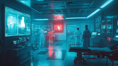 Interior of a modern hospital corridor with doctors, nurses and medical equipmentの素材