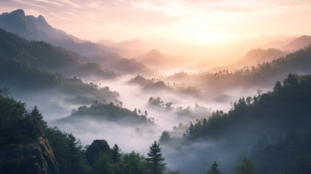 Foggy sunrise over the mountains. Beautiful summer landscape in the mountains.の写真素材
