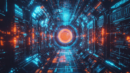 Futuristic sci-fi tunnel corridor with glowing neon lights 3D renderingの写真素材