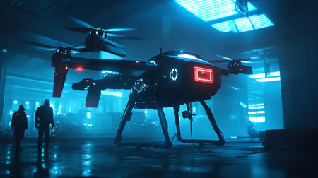 Silhouette of a man operating a drone in a dark roomの写真素材