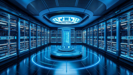 3D rendering of server room with blue light in the center.の写真素材