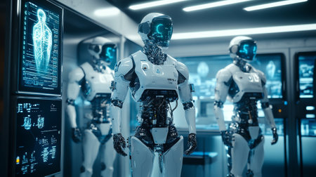 3d rendering humanoid robot working in a data center, artificial intelligence conceptの写真素材