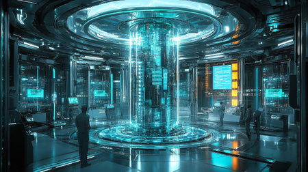 3D rendering of a futuristic server room with blue neon lights.の写真素材