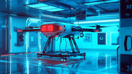 3D rendering of a drone in a futuristic room with neon lightingの写真素材