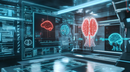 Laptop and human brain in dark office interior. 3D renderingの写真素材