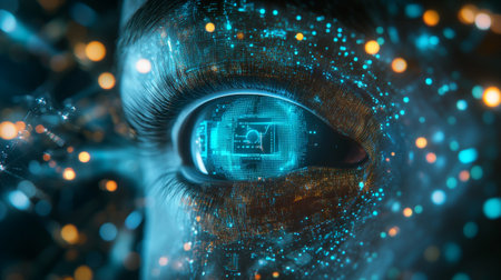 3D illustration of human eye in cyberspace with glowing lightsの写真素材