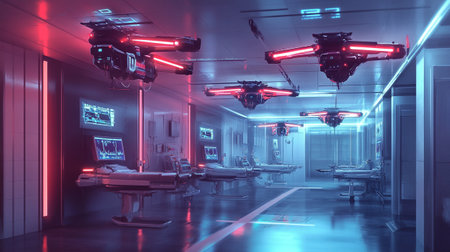 3d rendering x-ray machine in operating room with lighting effectの写真素材