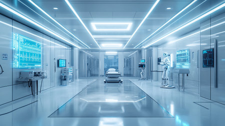 3D rendering of a modern hospital corridor with medical equipment and peopleの写真素材