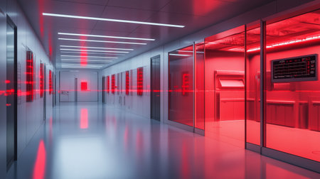 3D render of a corridor in a modern office with red lightsの写真素材
