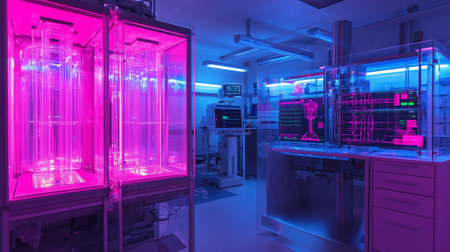 3D rendering of a scientific laboratory with test tubes in ultraviolet lightの写真素材