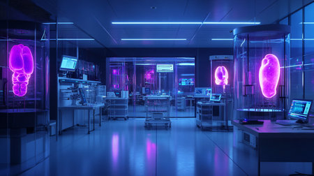 3d rendering of a medical office interior with human organs in neon lightsの写真素材