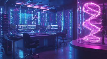 Cyberpunk style interior of a computer room with neon lights. 3d renderingの写真素材
